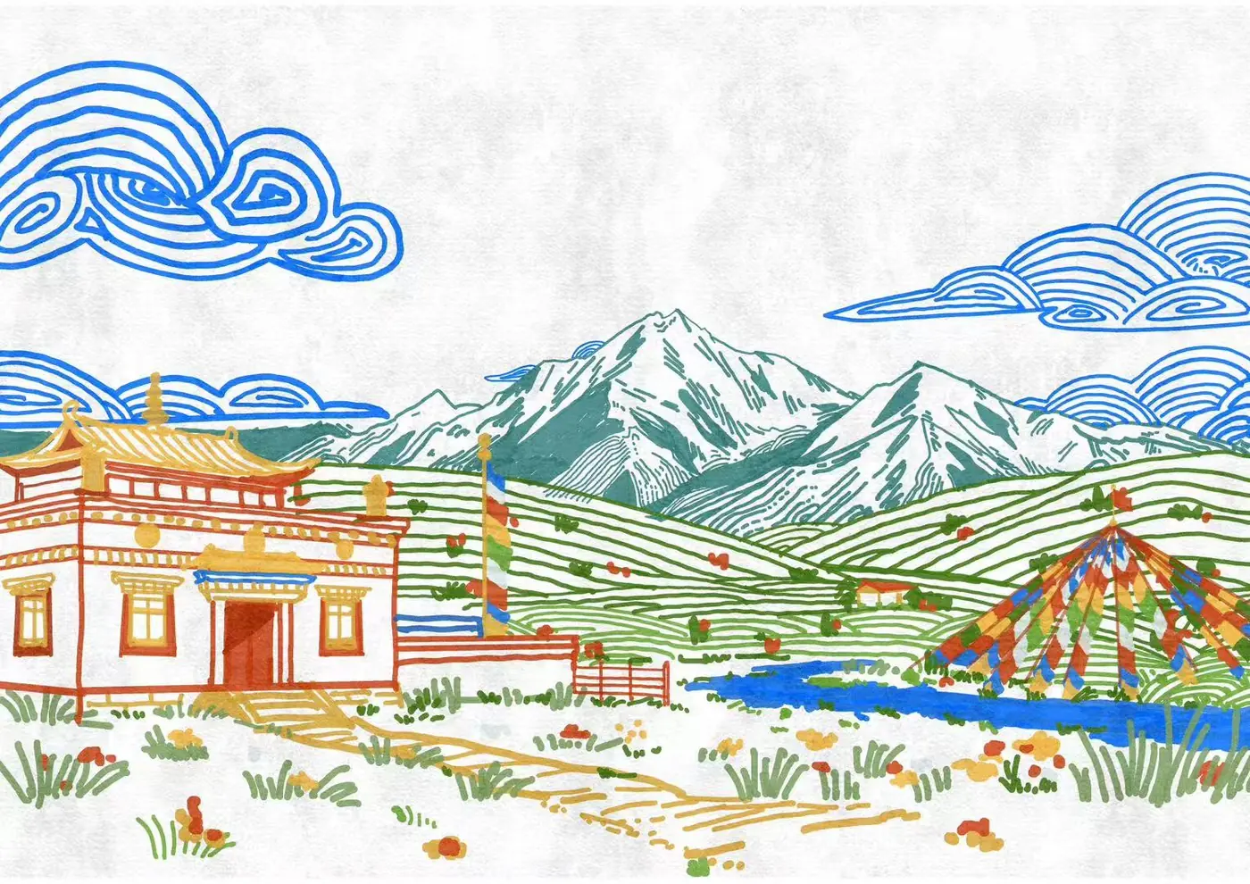 水彩风藏地风景插画作品